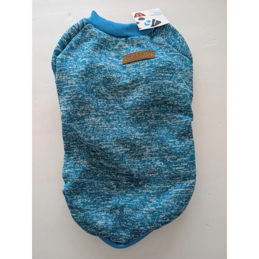 Dog Days Blue Marled Fleece Lined Knit Dog Sweatshirt Warm Winter Coat Patch XL